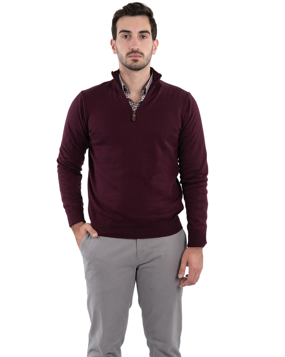 Burgundy Cotton Cashmere Zip Neck Jumper