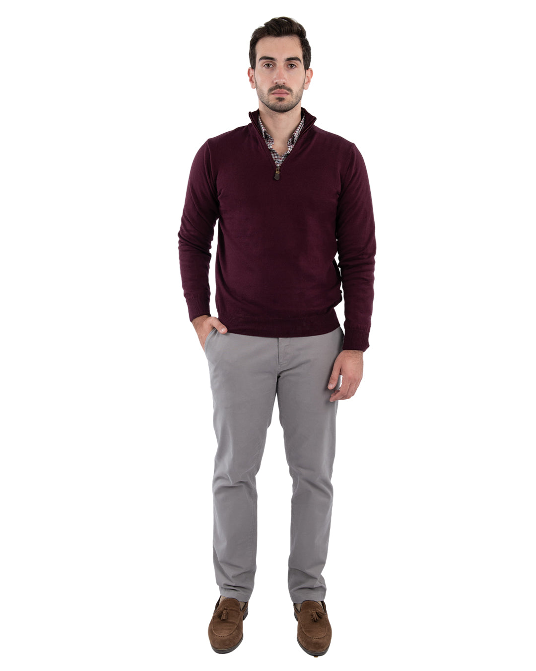 Gagliardi Burgundy Cotton Cashmere Zip Neck Jumper