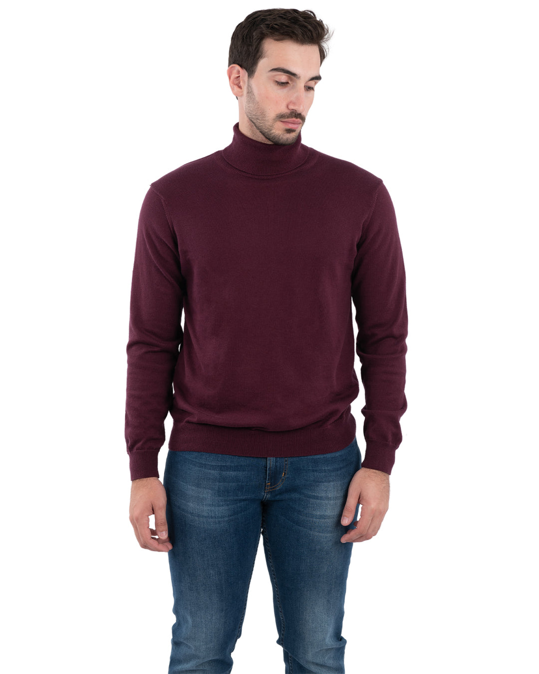 Burgundy Cotton Cashmere Roll Neck Jumper