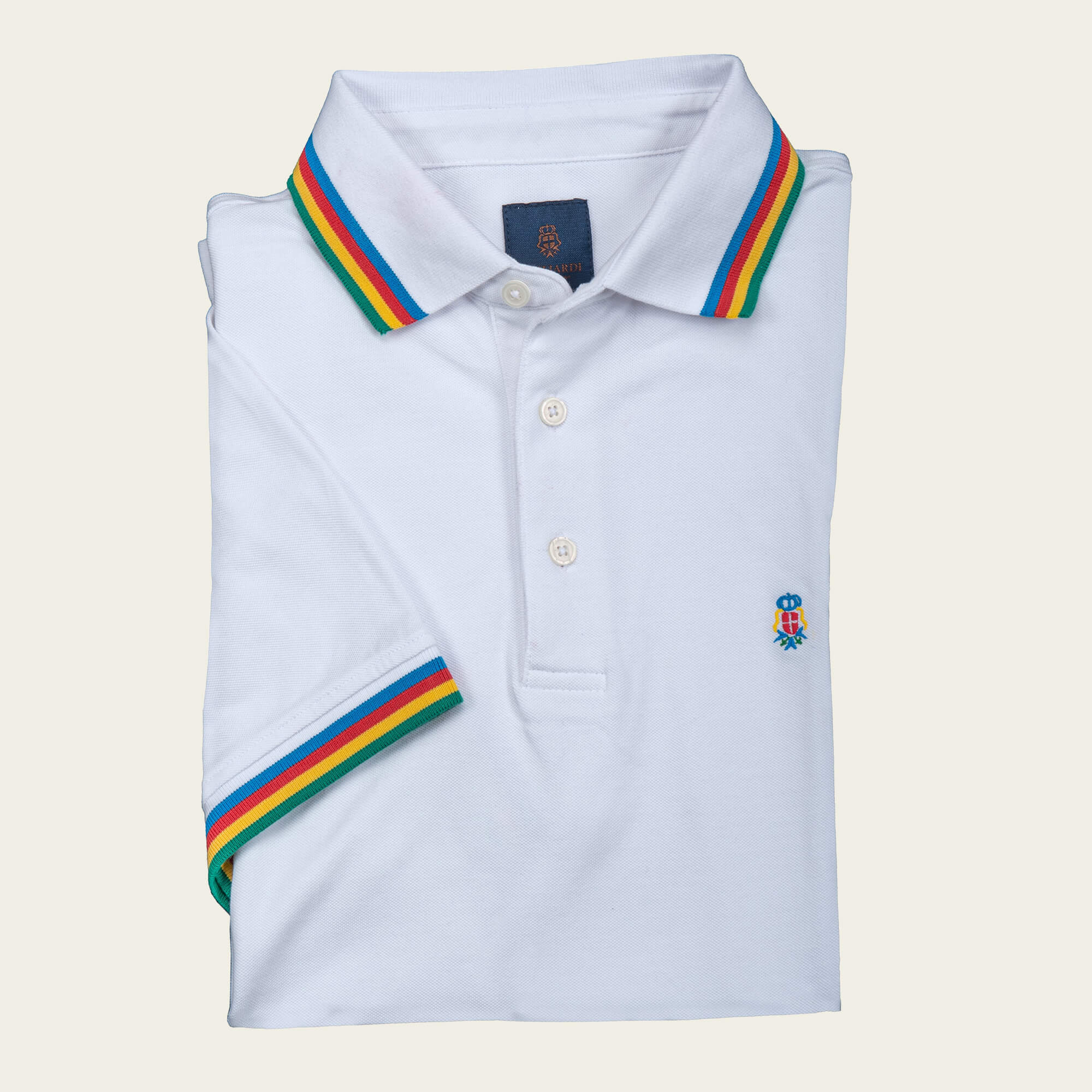White Pique Polo Shirt With Multicoloured Tipping