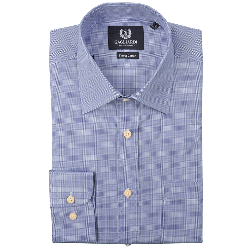 Royal Blue Prince Of Wales Check Egyptian Cotton Shirt - Gagliardi