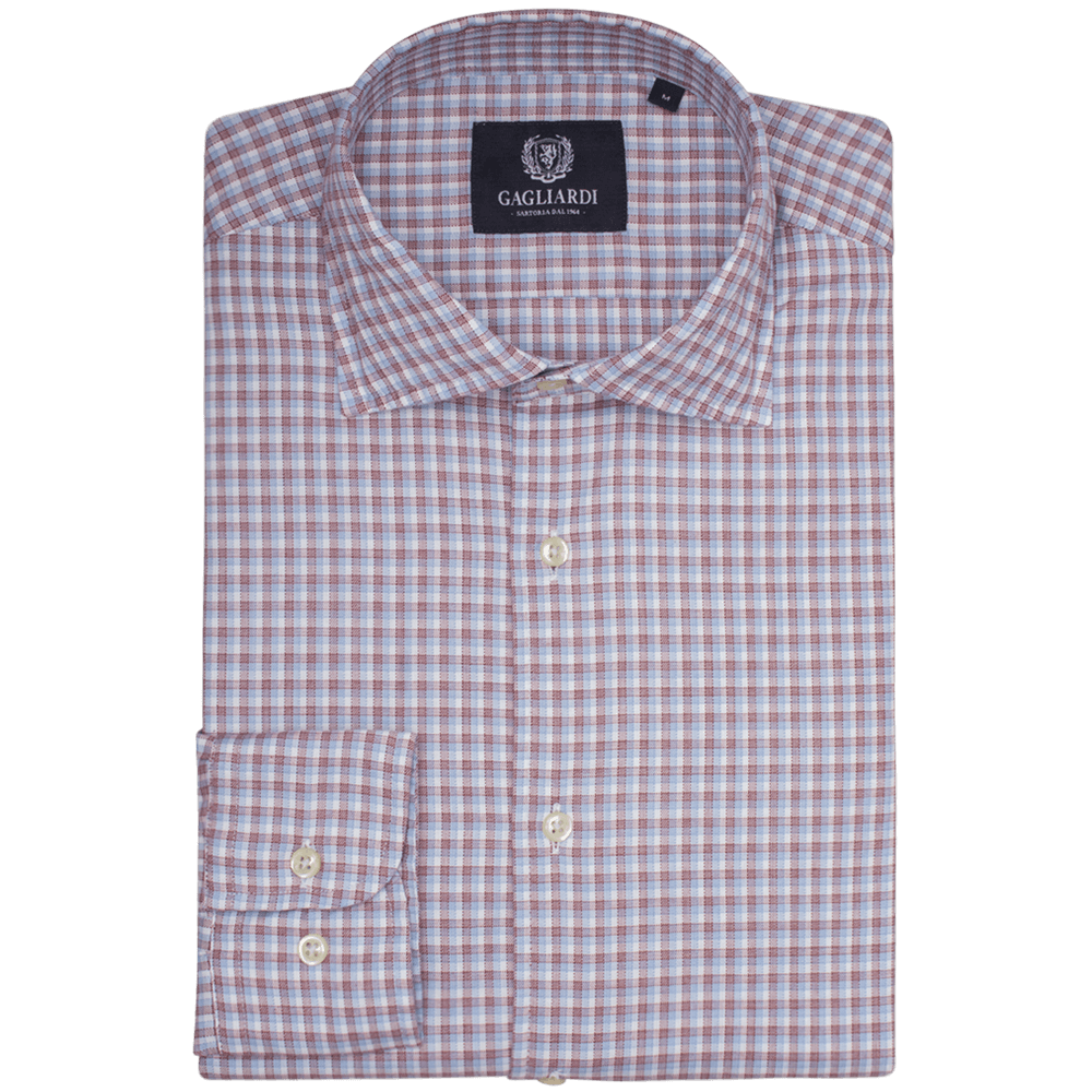 Burgundy & Sky Checked Slim Fit Cutaway Collar Shirt - Gagliardi