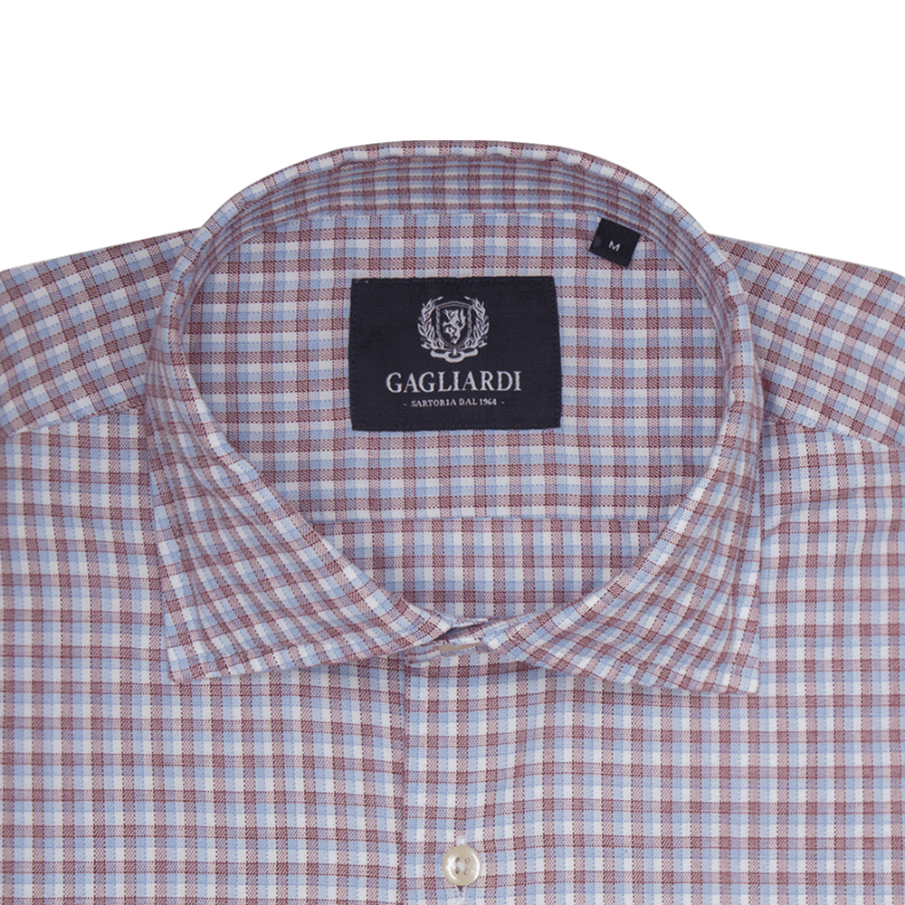 Burgundy & Sky Checked Slim Fit Cutaway Collar Shirt - Gagliardi