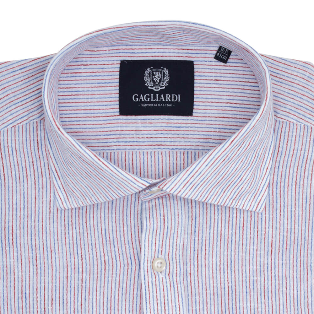 Blue & Red Striped Slim Fit Long Sleeve Cutaway Collar Shirt - Gagliardi