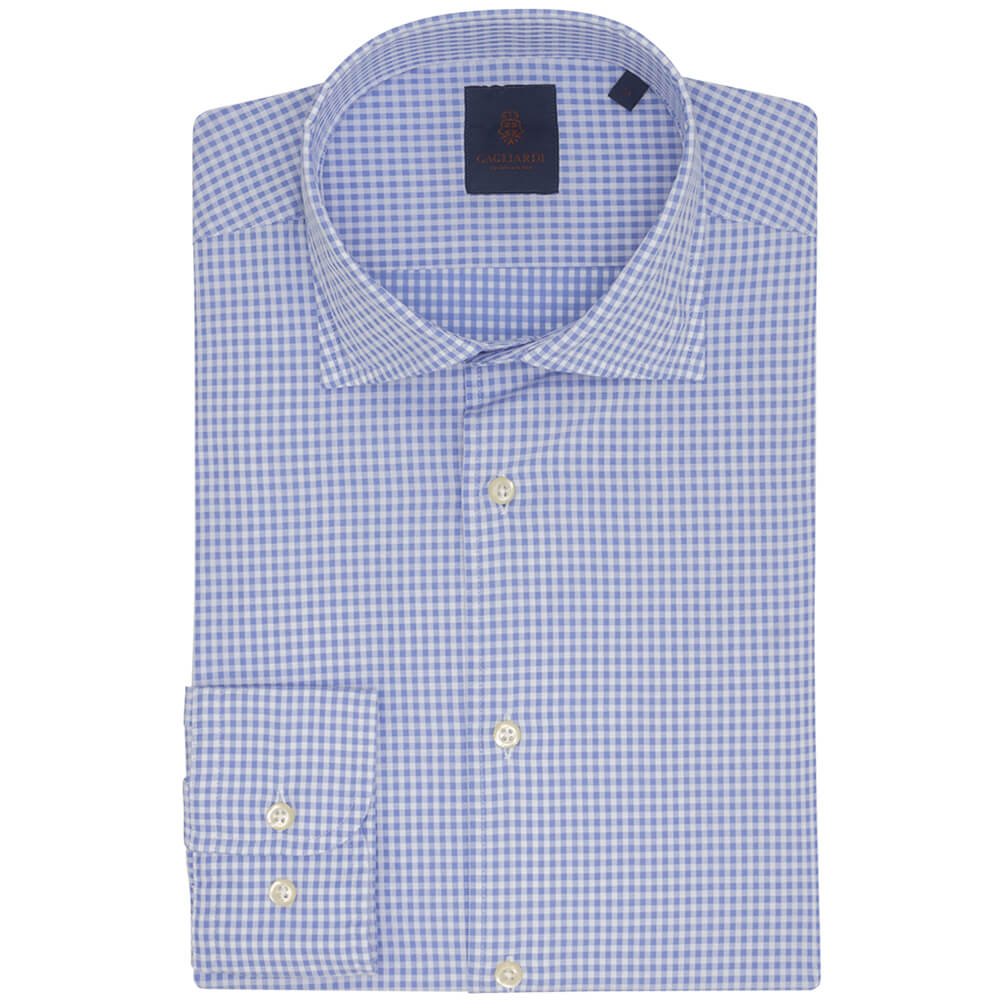 Mid Blue Gingham Slim Fit Long Sleeve - Gagliardi