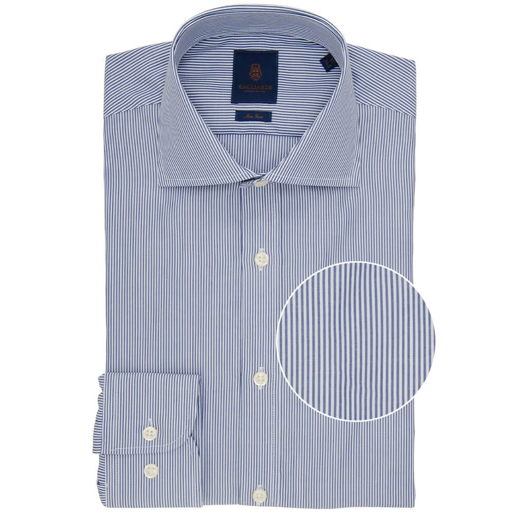 Slim Fit Navy Pencil Stripe Poplin Cotton Non Iron Shirt - Gagliardi