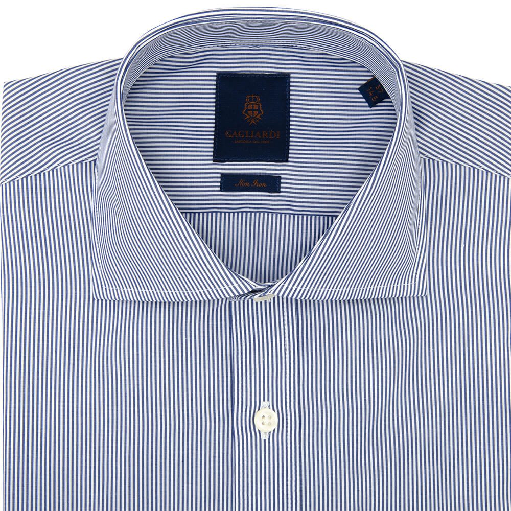 Slim Fit Navy Pencil Stripe Poplin Cotton Non Iron Shirt - Gagliardi