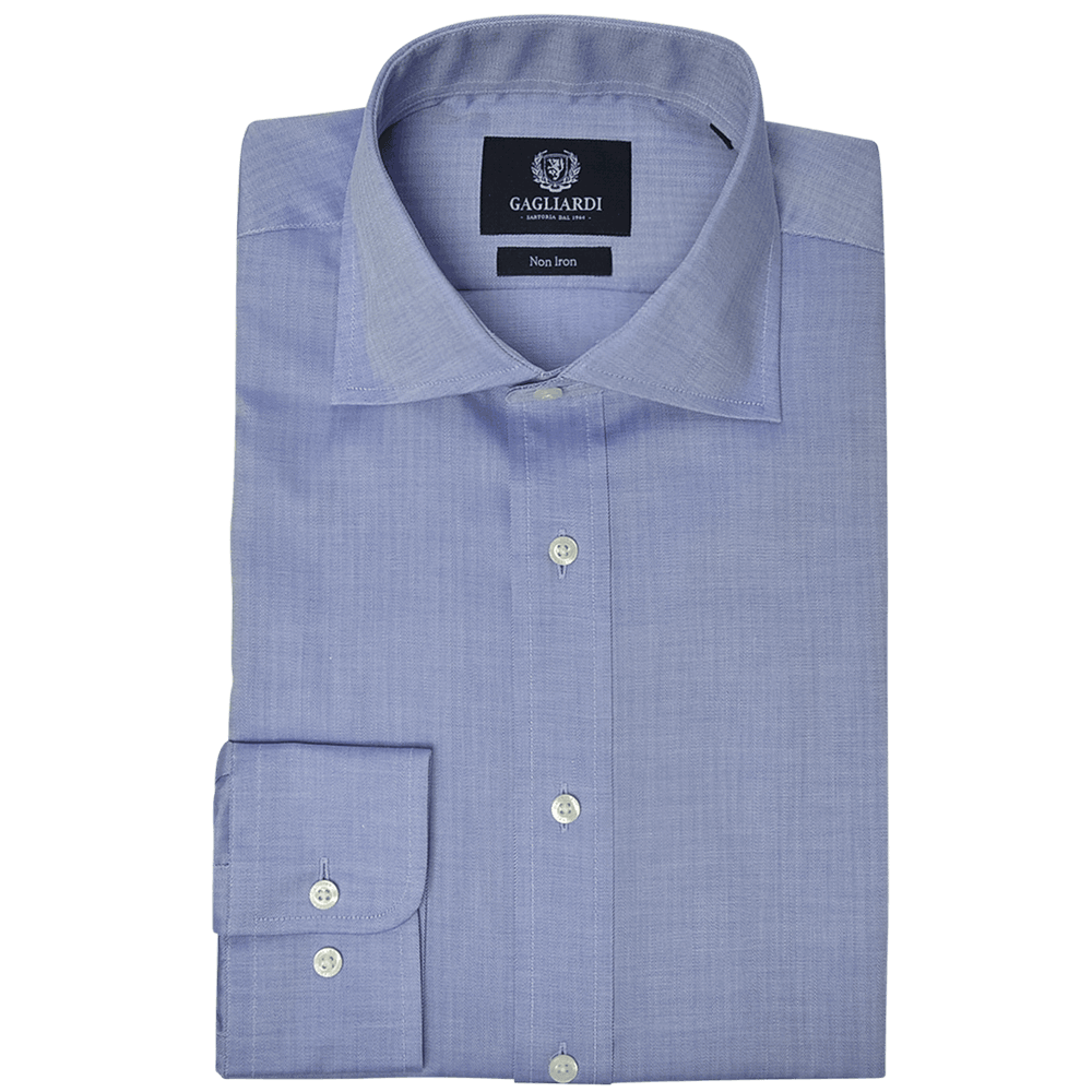 Blue Herringbone Cutaway Collar Single Cuffed Slim-Fit Non-Iron Shirt - Gagliardi