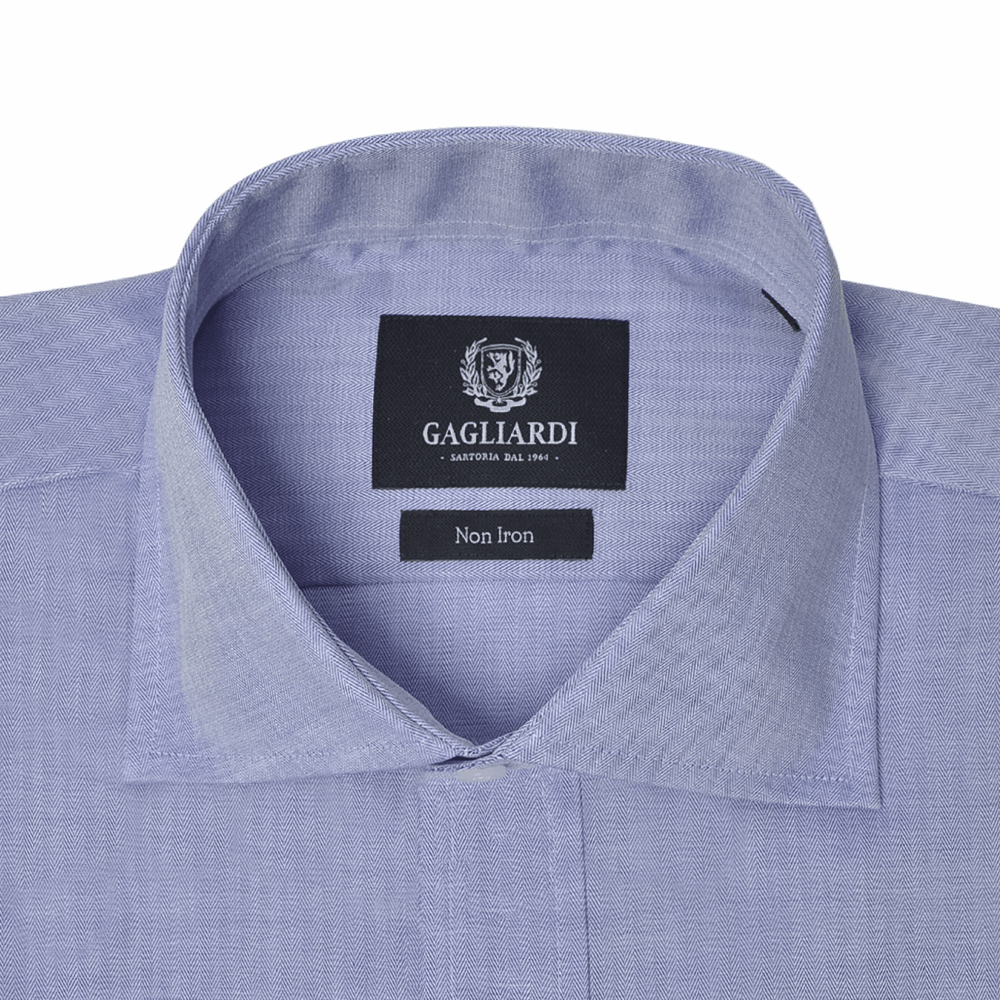 Blue Herringbone Cutaway Collar Single Cuffed Slim-Fit Non-Iron Shirt - Gagliardi