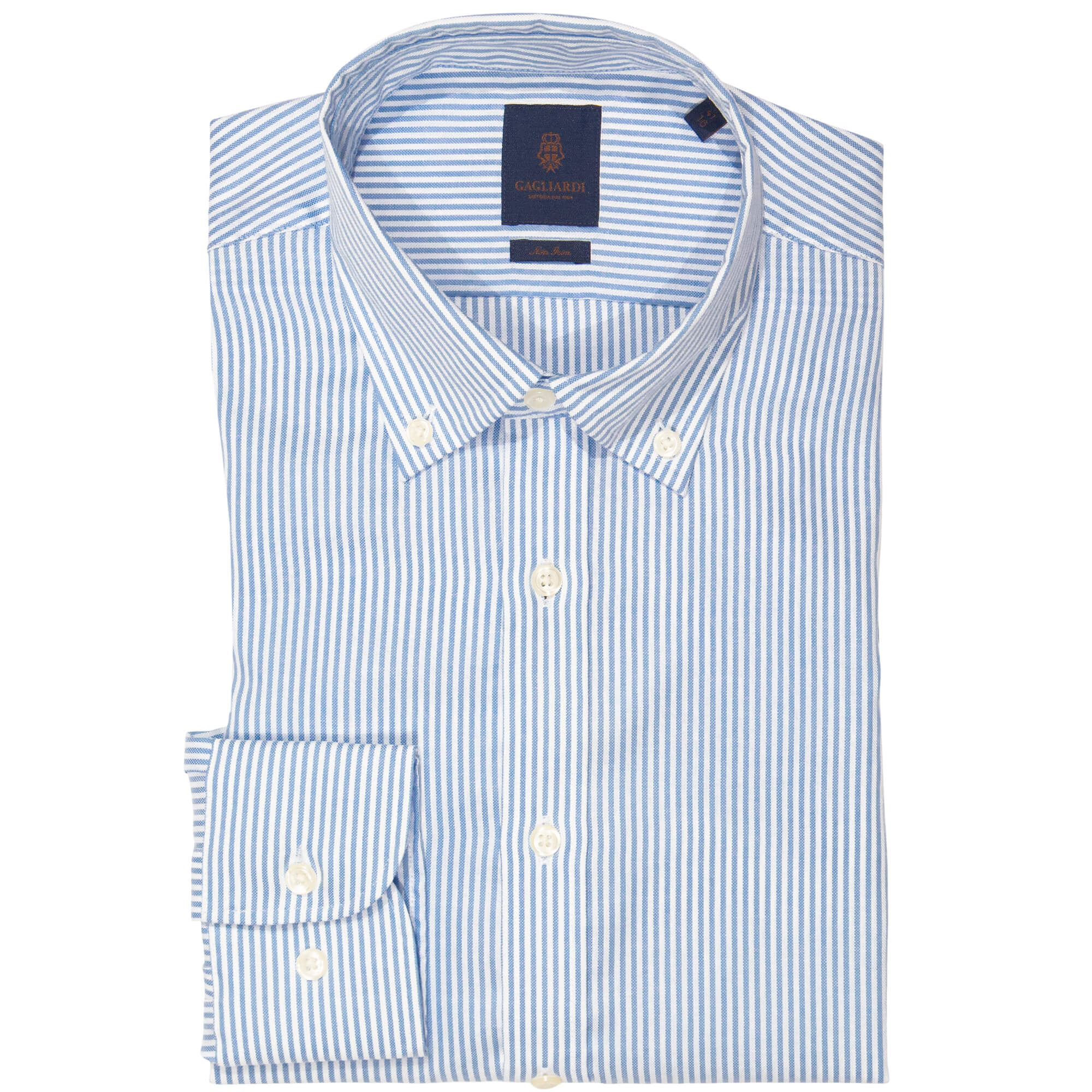 Sky & White Oxford Striped Buttondown Collar Single Cuffed Slim-Fit Non-Iron Shirt