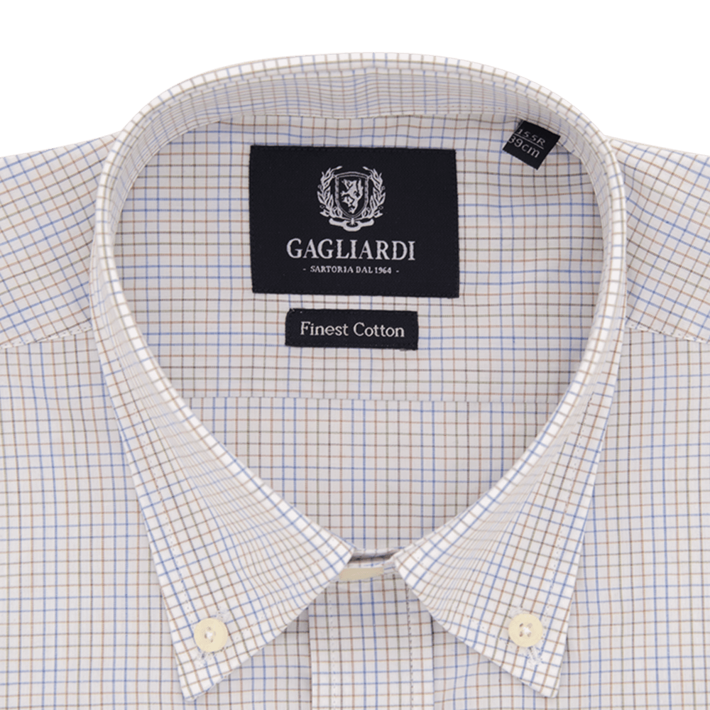 White with Tobaco Overcheck Business Shirt - Gagliardi