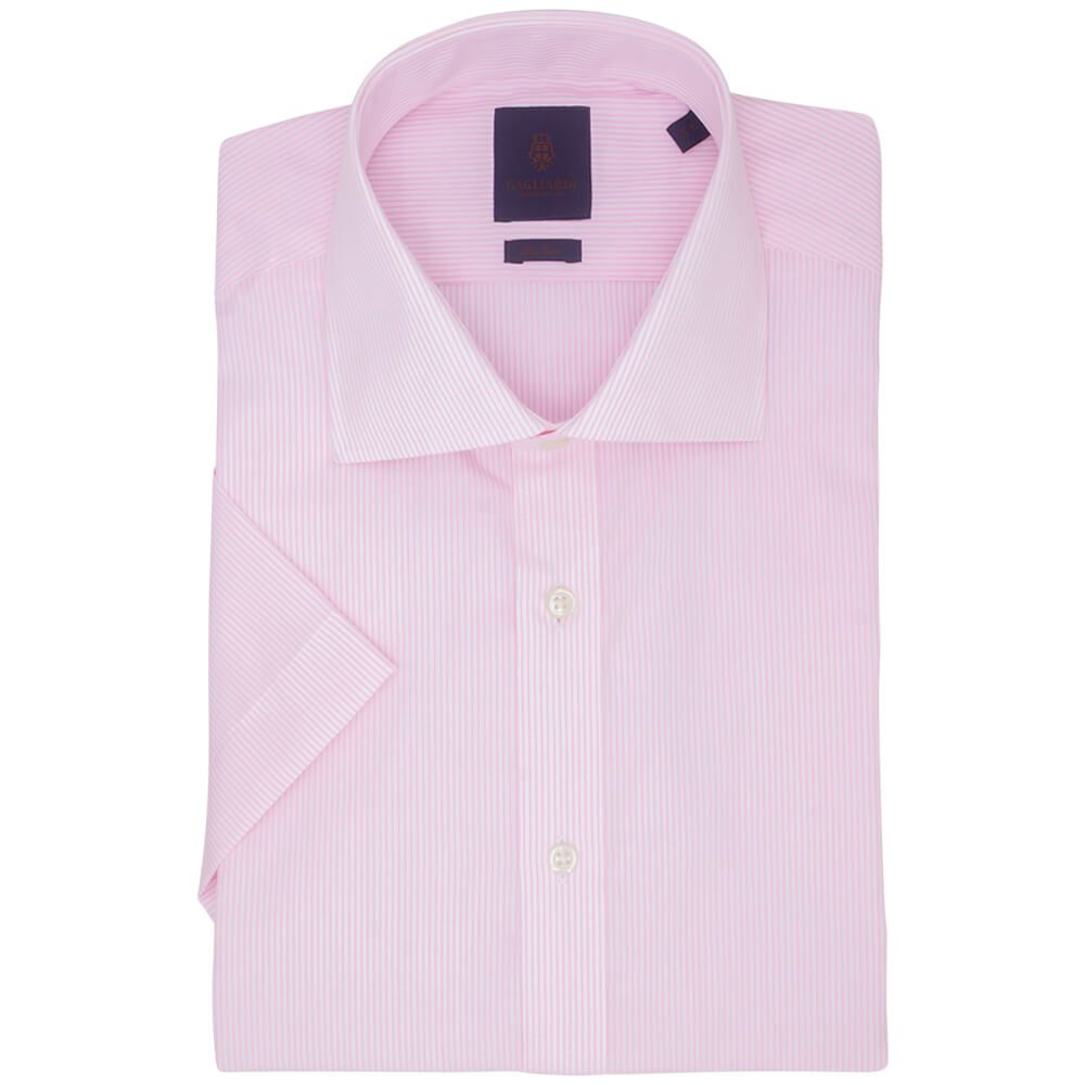 Pink Stripe Slim Fit Short Sleeve Cutaway Collar Short - Gagliardi