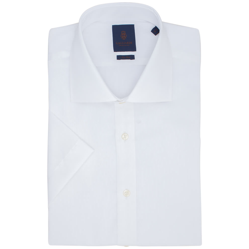 White Stripe Slim Fit Short Sleeve Cutaway Collar Shirt - Gagliardi
