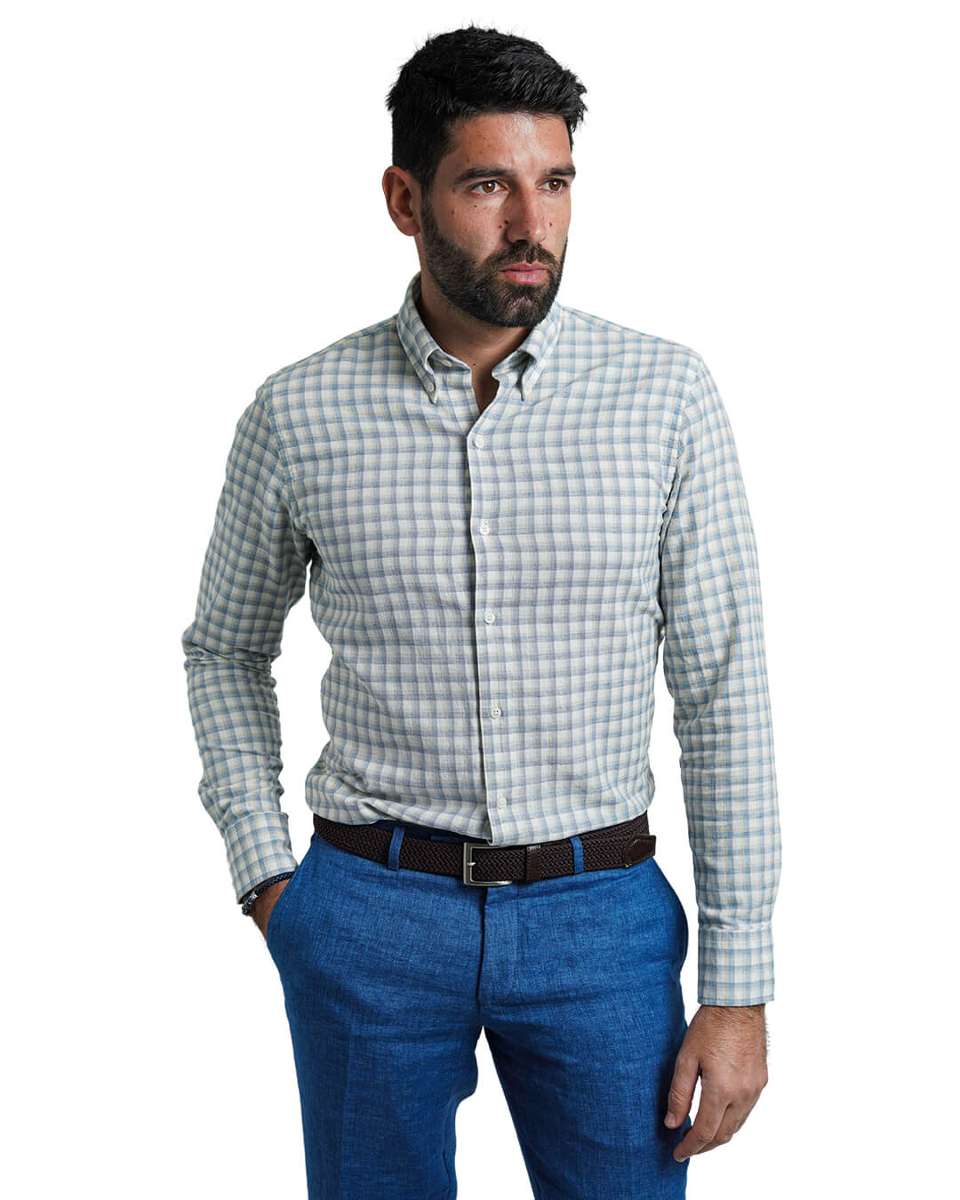 Blue Slim Fit Cotton Linen Check Button-Down Shirt