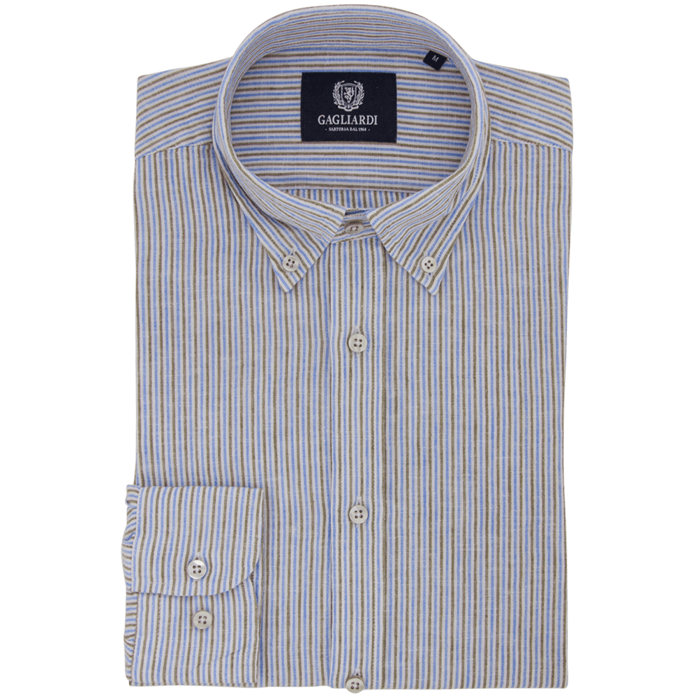 Stone with Brown & Blue Stripe Weekend Linen Shirt - Gagliardi