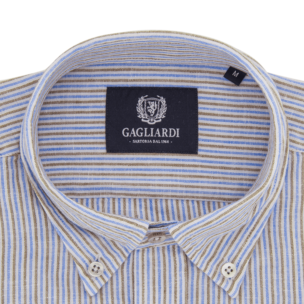 Stone with Brown & Blue Stripe Weekend Linen Shirt - Gagliardi