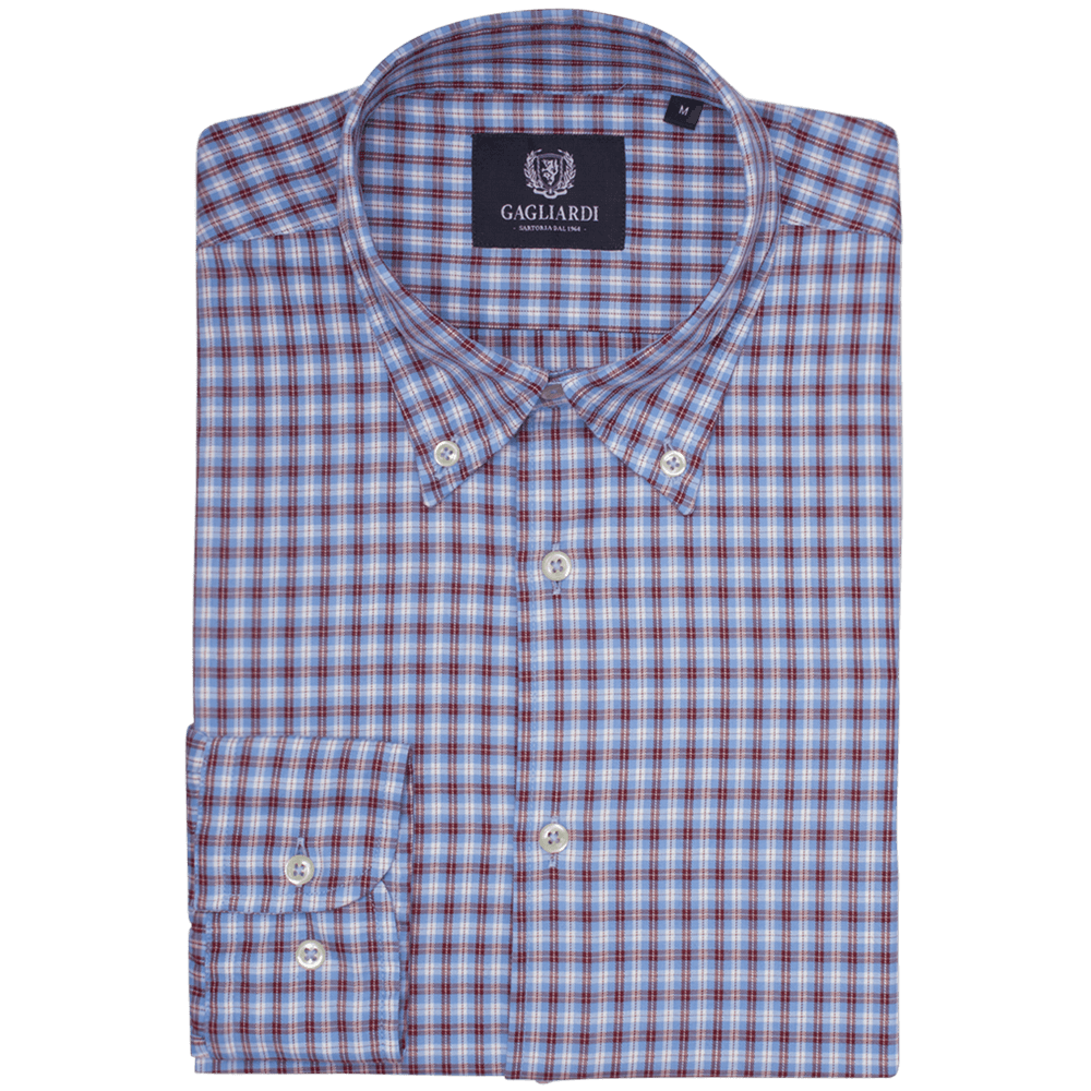 Sky With Raspberry & White Overcheck Checked Tailored Fit Buttondown Collar Shirt - Gagliardi