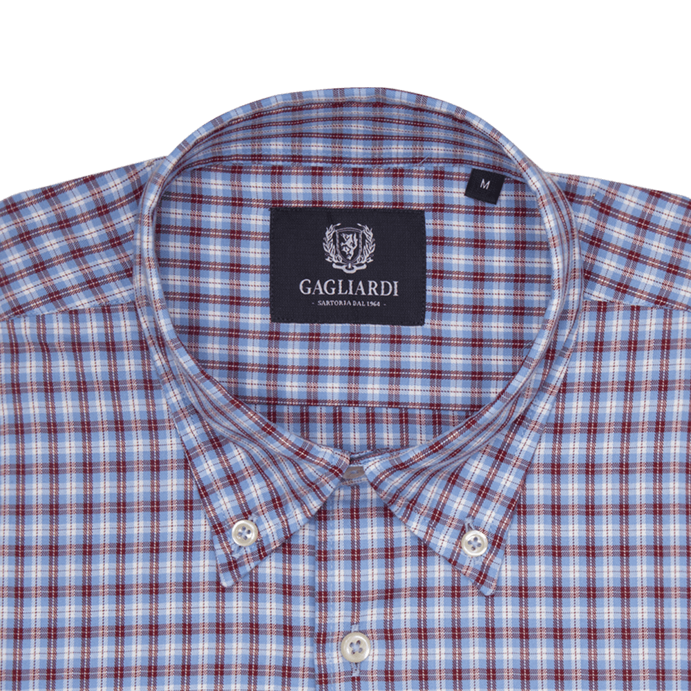 Sky With Raspberry & White Overcheck Checked Tailored Fit Buttondown Collar Shirt - Gagliardi