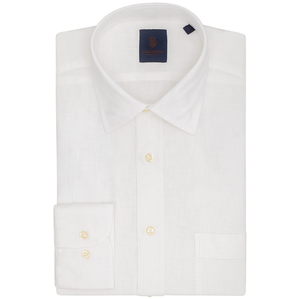 White Plain Tailored Fit Long Sleeve Cutaway Collar Linen Shirt - Gagliardi