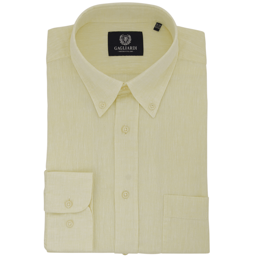 Yellow Plain Tailored Fit Buttondown Collar Linen Shirt - Gagliardi