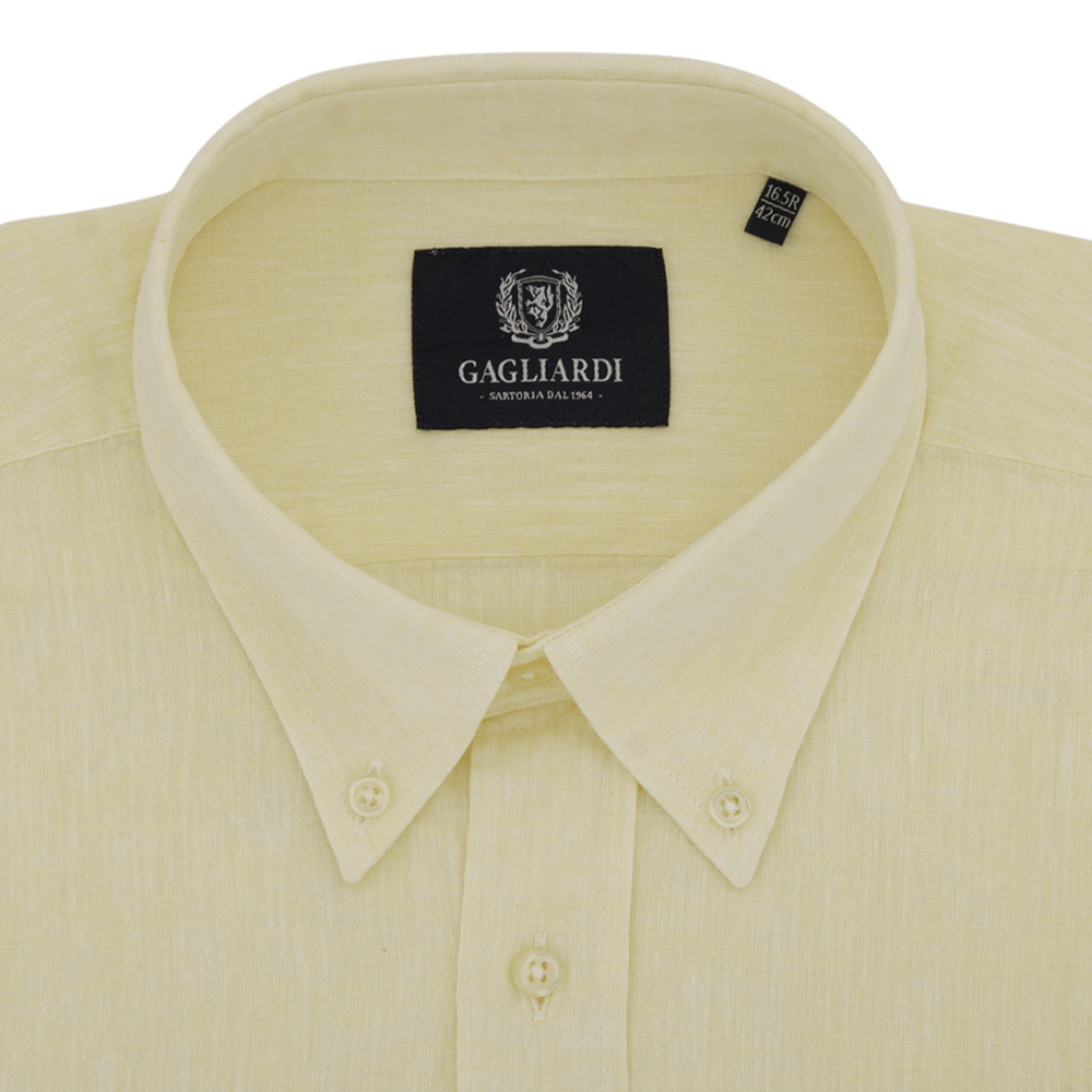 Yellow Plain Tailored Fit Buttondown Collar Linen Shirt - Gagliardi