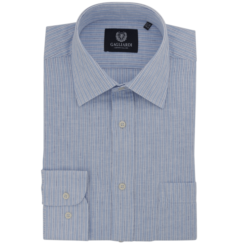 Mid Blue Striped Tailored Fit Classic Collar Linen Shirt - Gagliardi