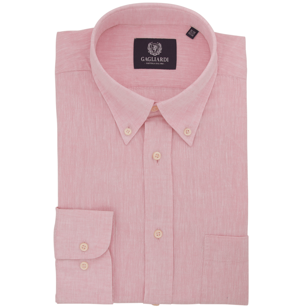 Pink Plain Tailored Fit Buttondown Collar Linen Shirt - Gagliardi