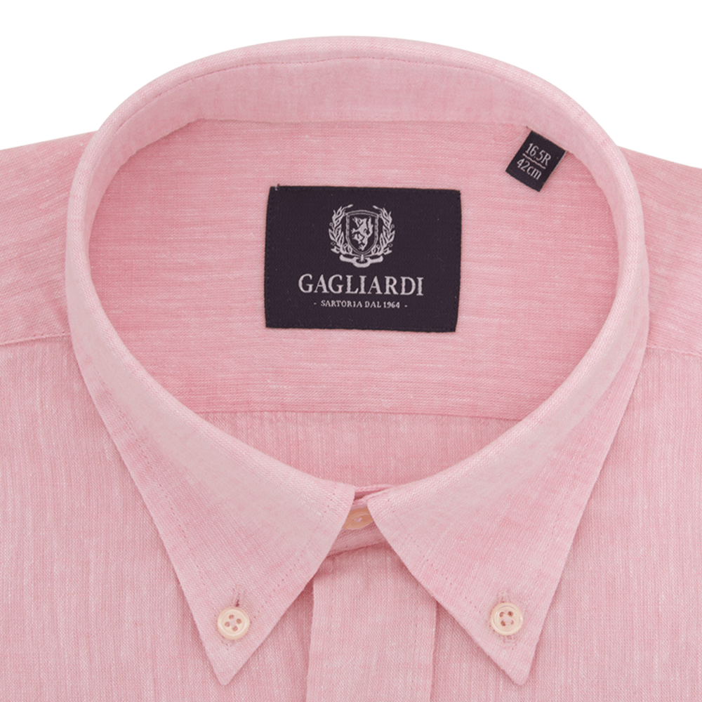 Pink Plain Tailored Fit Buttondown Collar Linen Shirt - Gagliardi