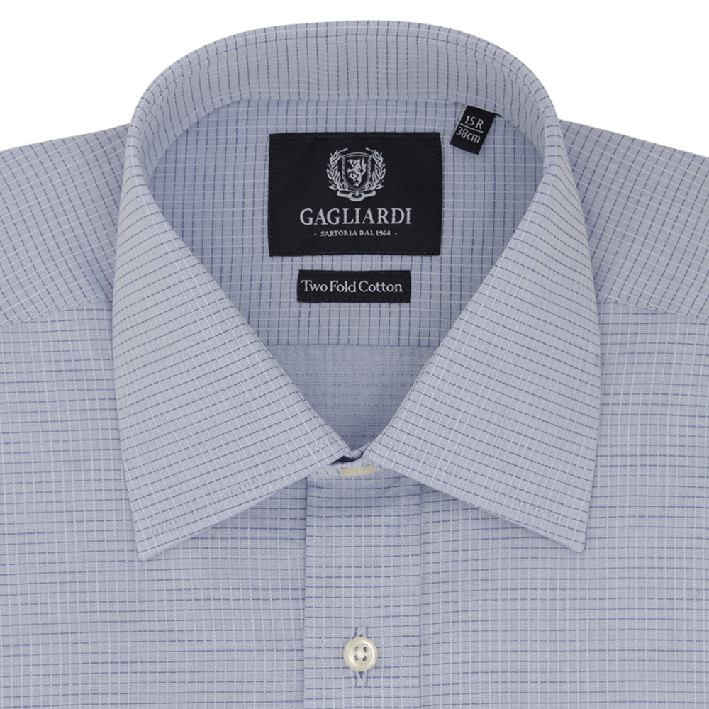 Mid Blue Checked Tailored Fit Classic Collar Shirt - Gagliardi