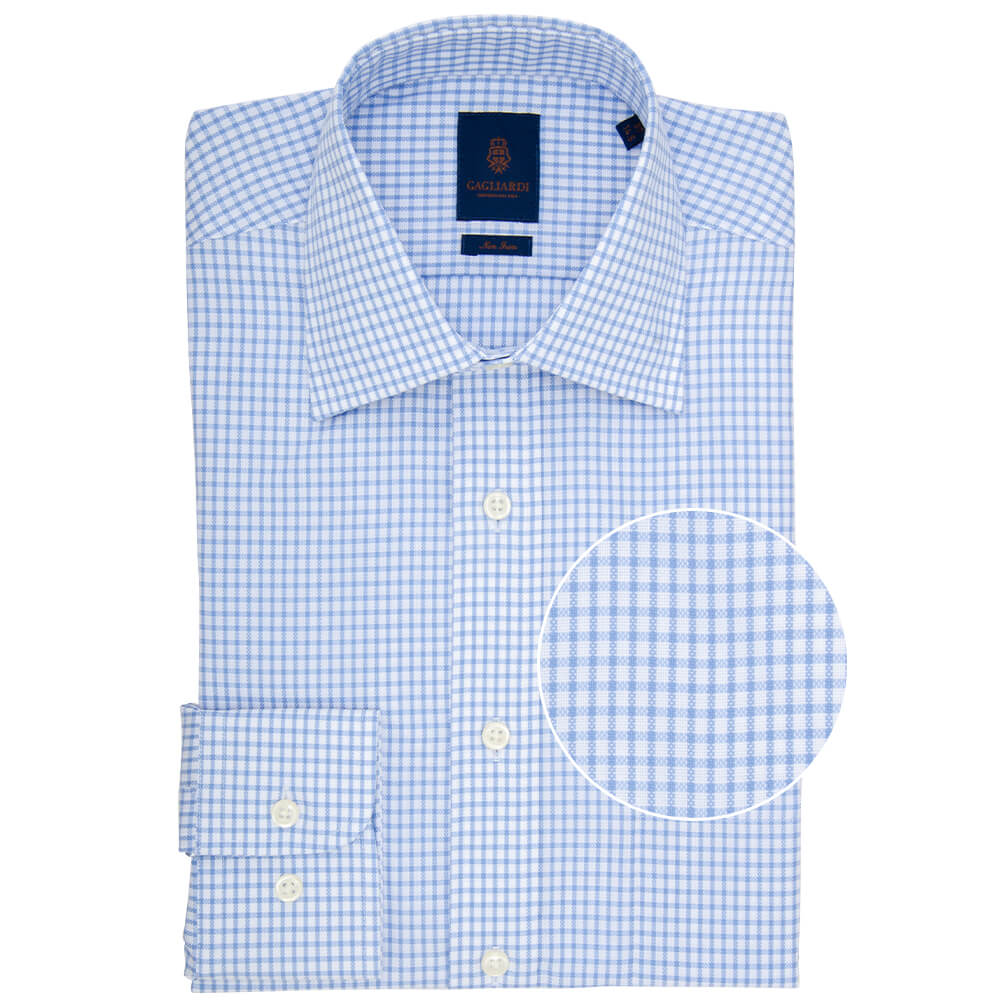 Tailored Fit Sky Windowpane Non Iron Oxford Cotton Shirt - Gagliardi