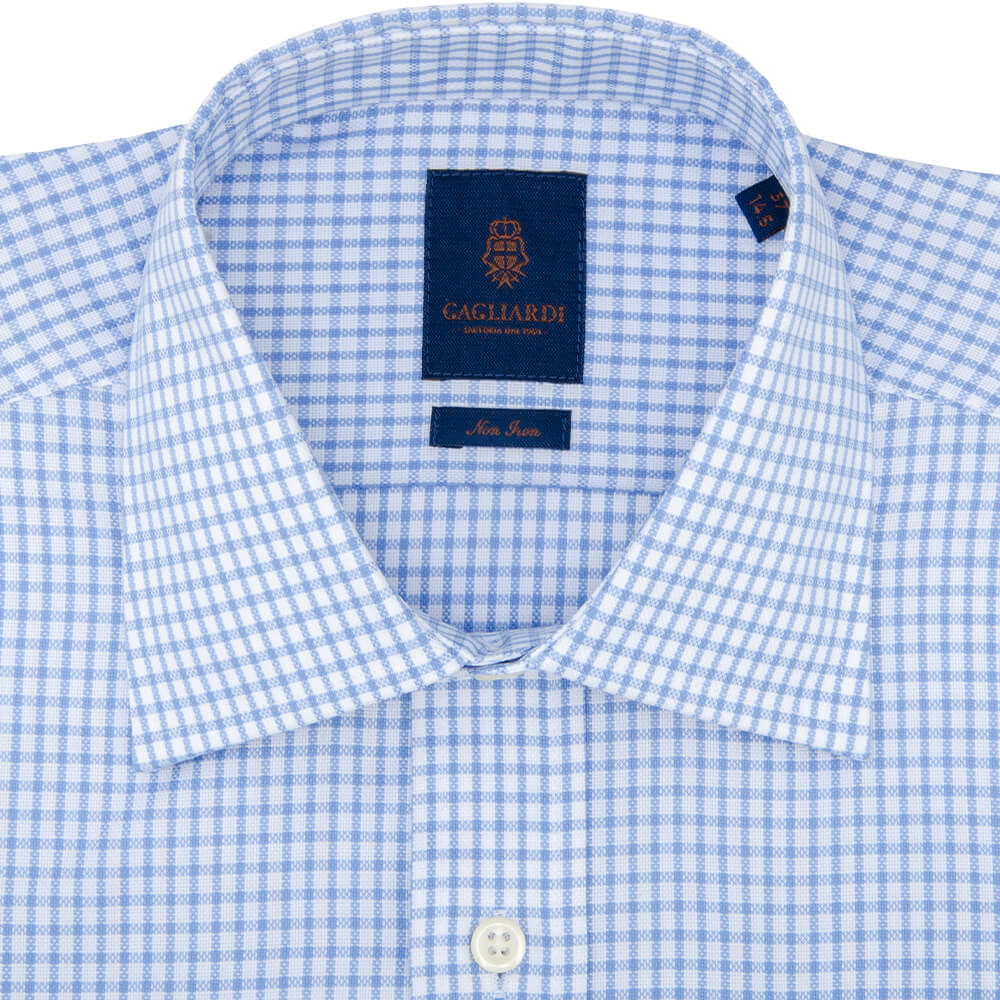 Tailored Fit Sky Windowpane Non Iron Oxford Cotton Shirt - Gagliardi
