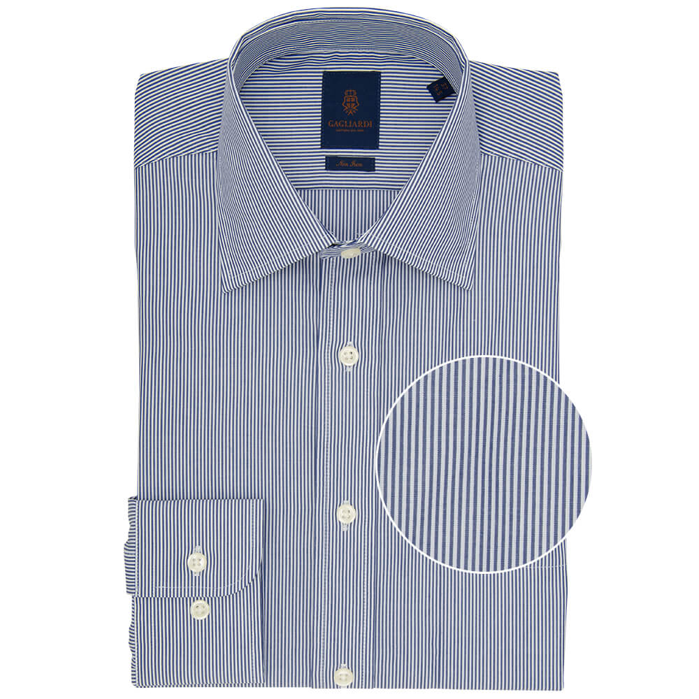 Tailored Fit Navy Pencil Stripe Poplin Cotton Non Iron Shirt - Gagliardi