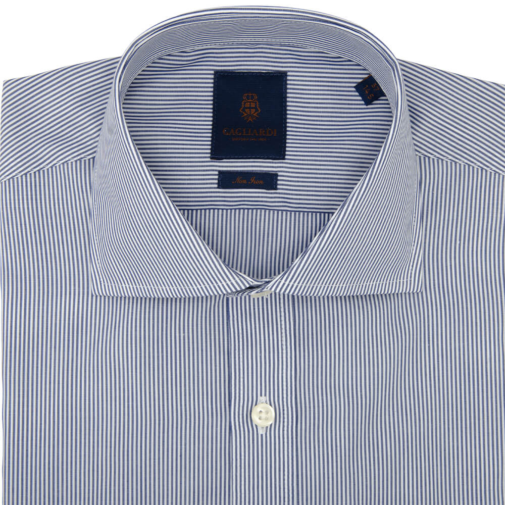 Tailored Fit Navy Pencil Stripe Poplin Cotton Non Iron Shirt - Gagliardi