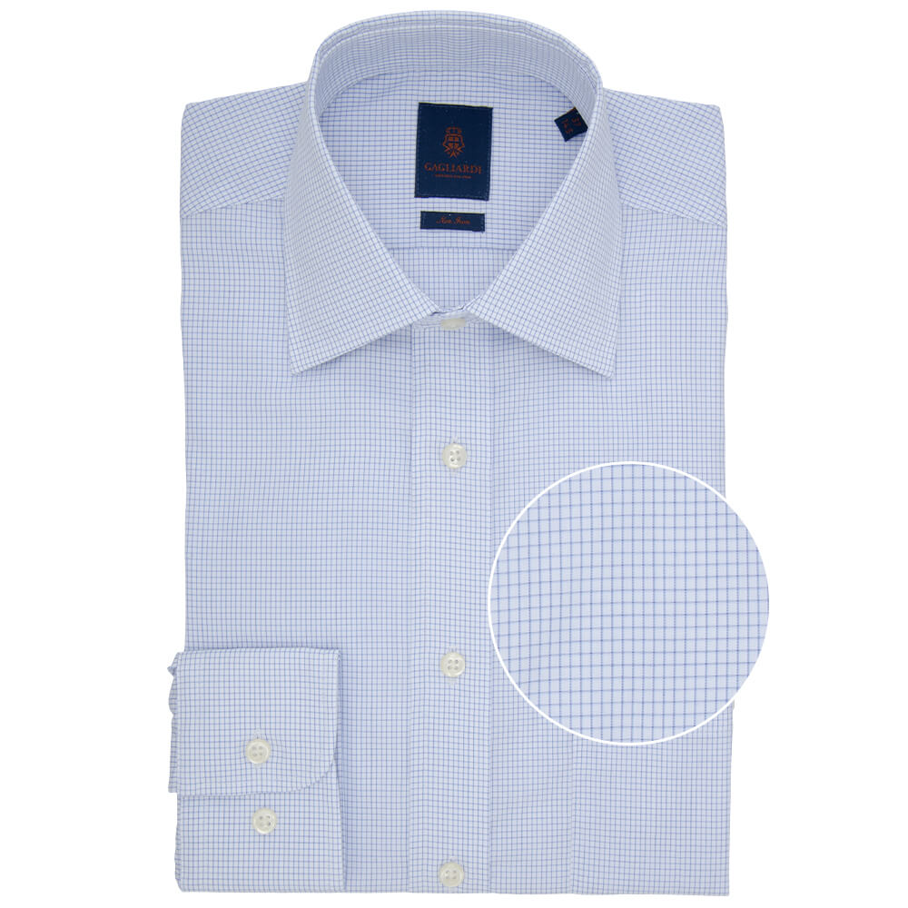 Tailored Fit White with Blue Mini Windowpane Poplin Cotton Non Iron Shirt - Gagliardi