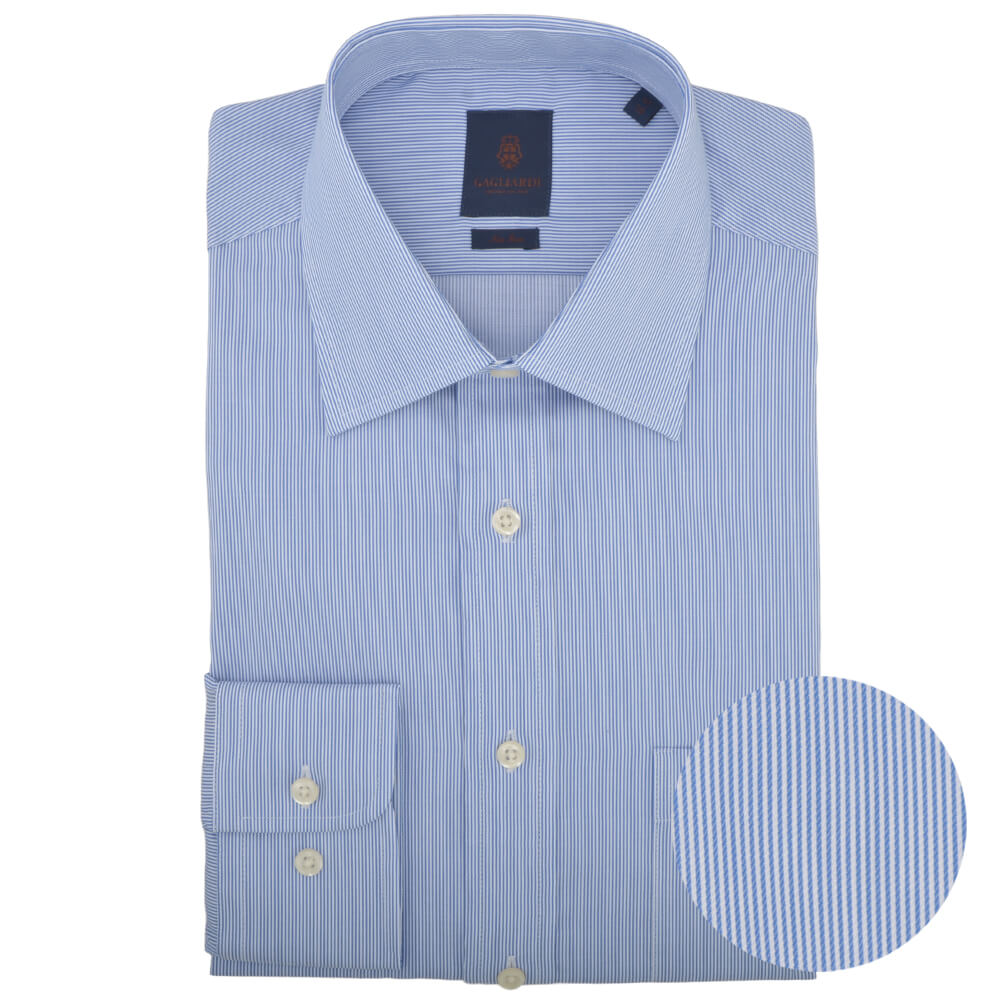 Tailored Fit Blue Hairline Stripe Classic Collar Non-iron Shirt - Gagliardi