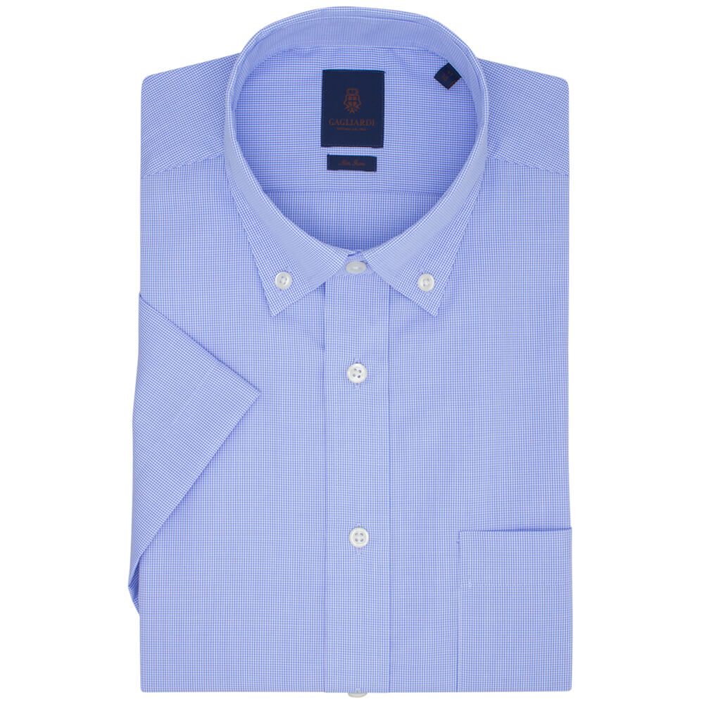 Royal Blue Micro Gingham Tailored Fit Short Sleeve Buttondown Collar Shirt - Gagliardi