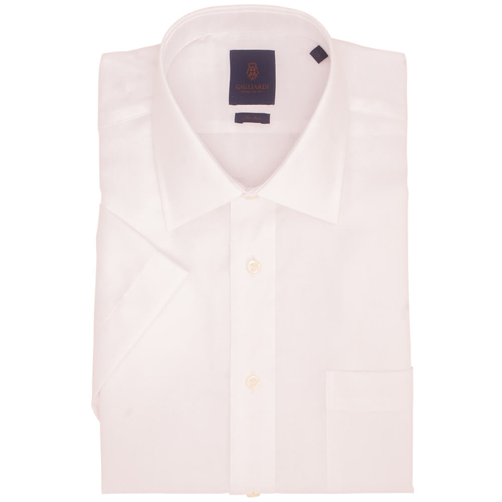 White Basketweave Tailored Fit Short Sleeve Classic Collar Shirt - Gagliardi