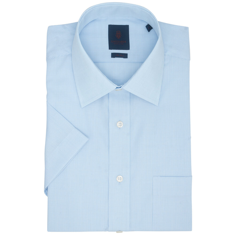 Sky Micro Gingham Tailored Fit Short Sleeve Classic Collar Shirt - Gagliardi