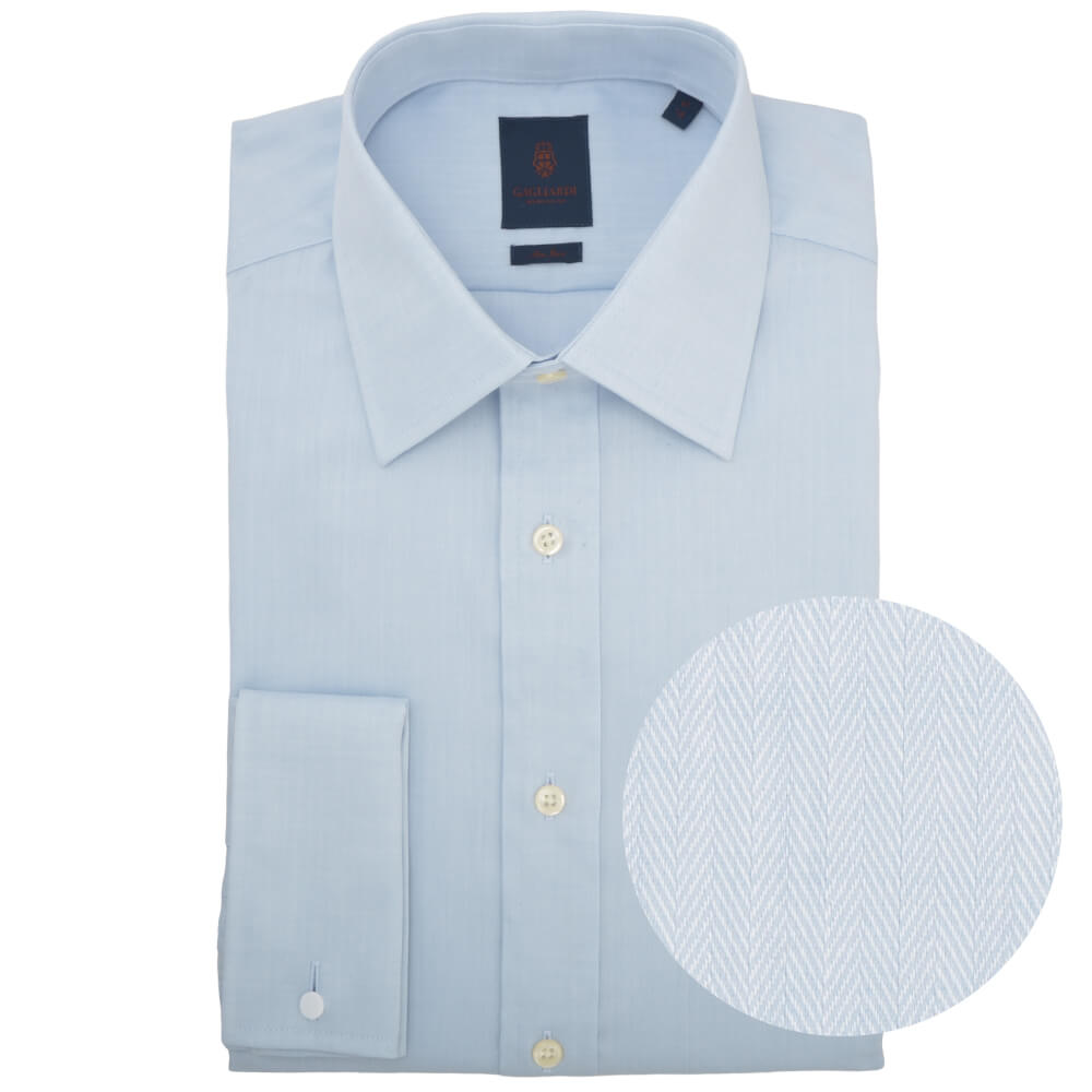 Tailored Fit Sky Herringbone Classic Collar Double Cuff Non-iron Shirt - Gagliardi