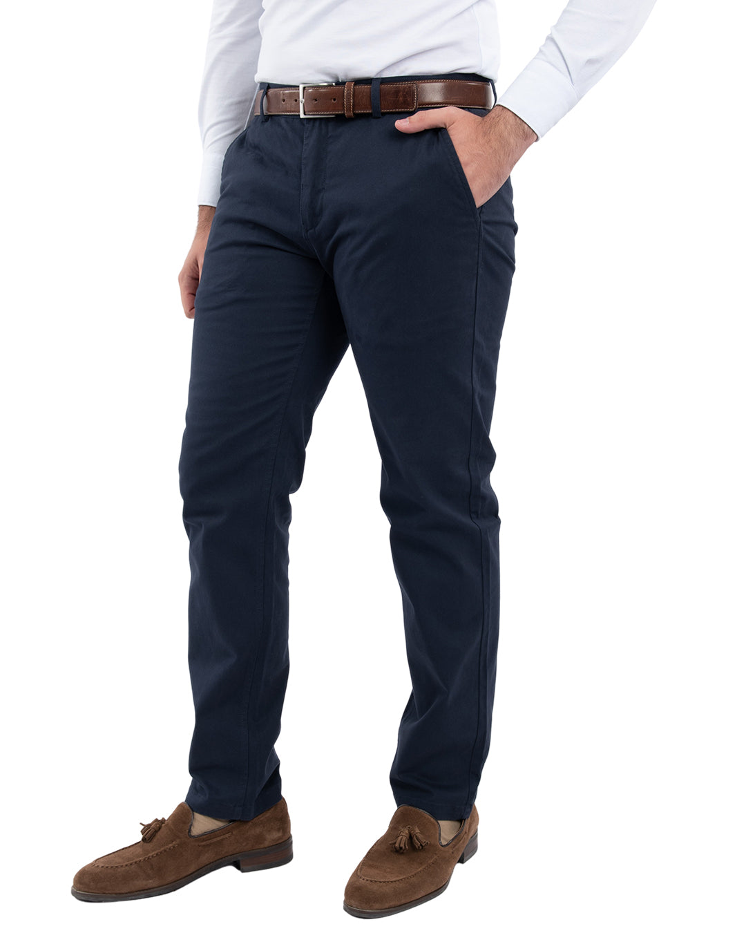 Navy Brushed Cotton Stretch Twill Chino Trousers