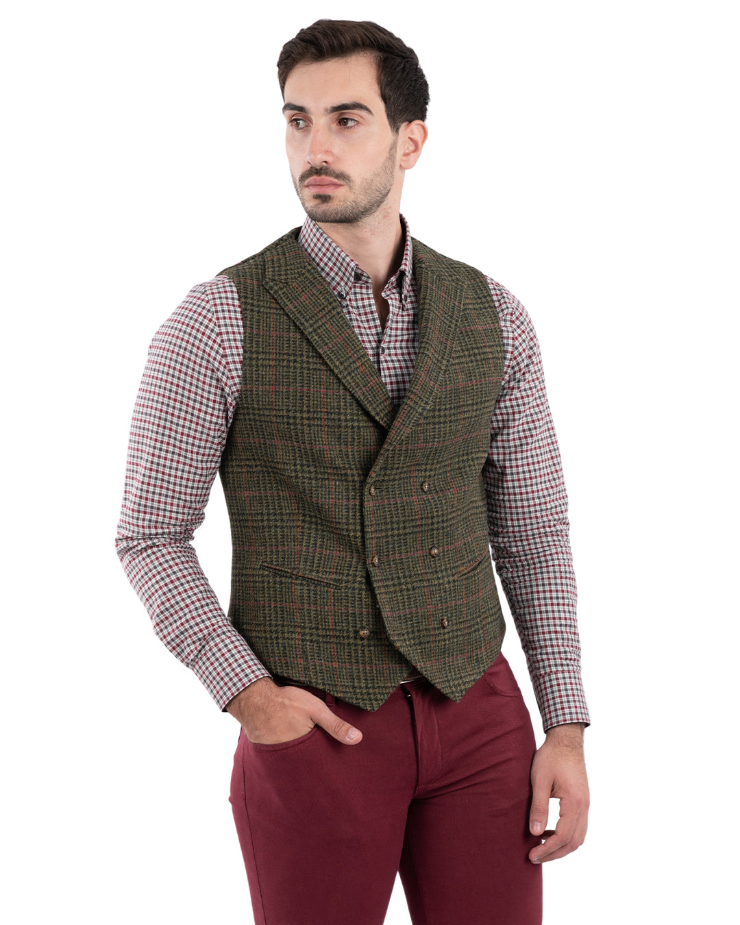 Green Shetland Check Double Breasted Waistcoat