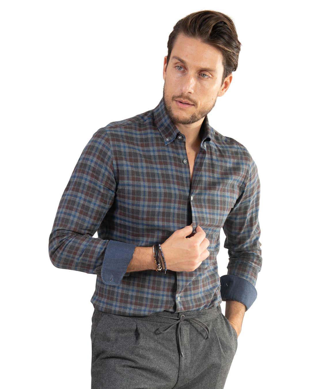 Grey Check Cotton Flannel Button Down Shirt