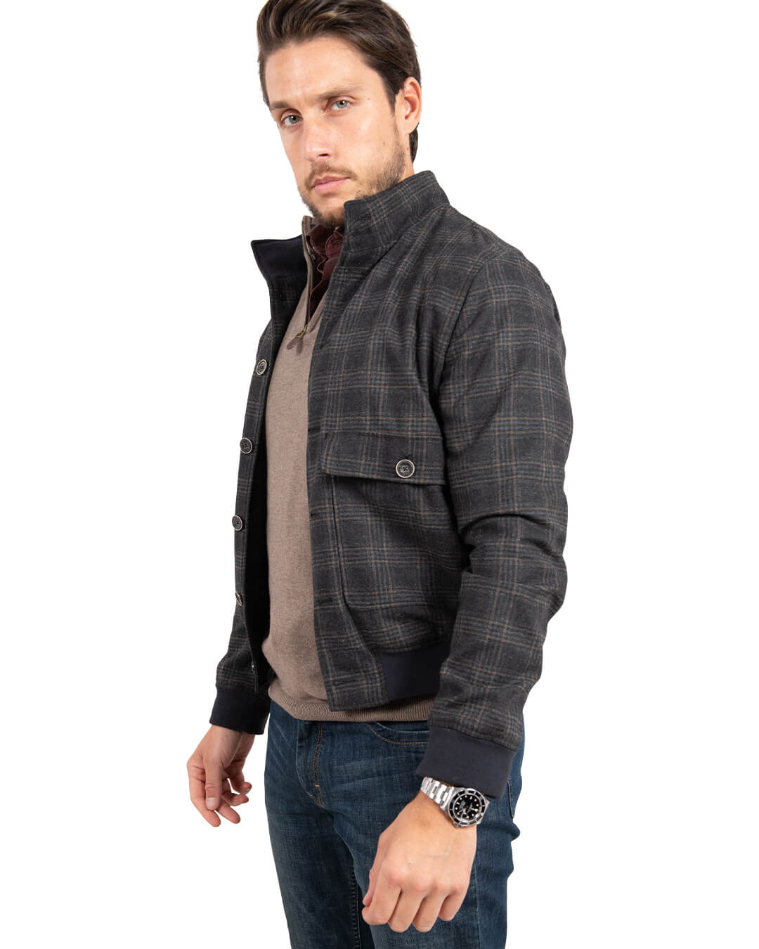 Grey With Brown Check Blouson Jacket