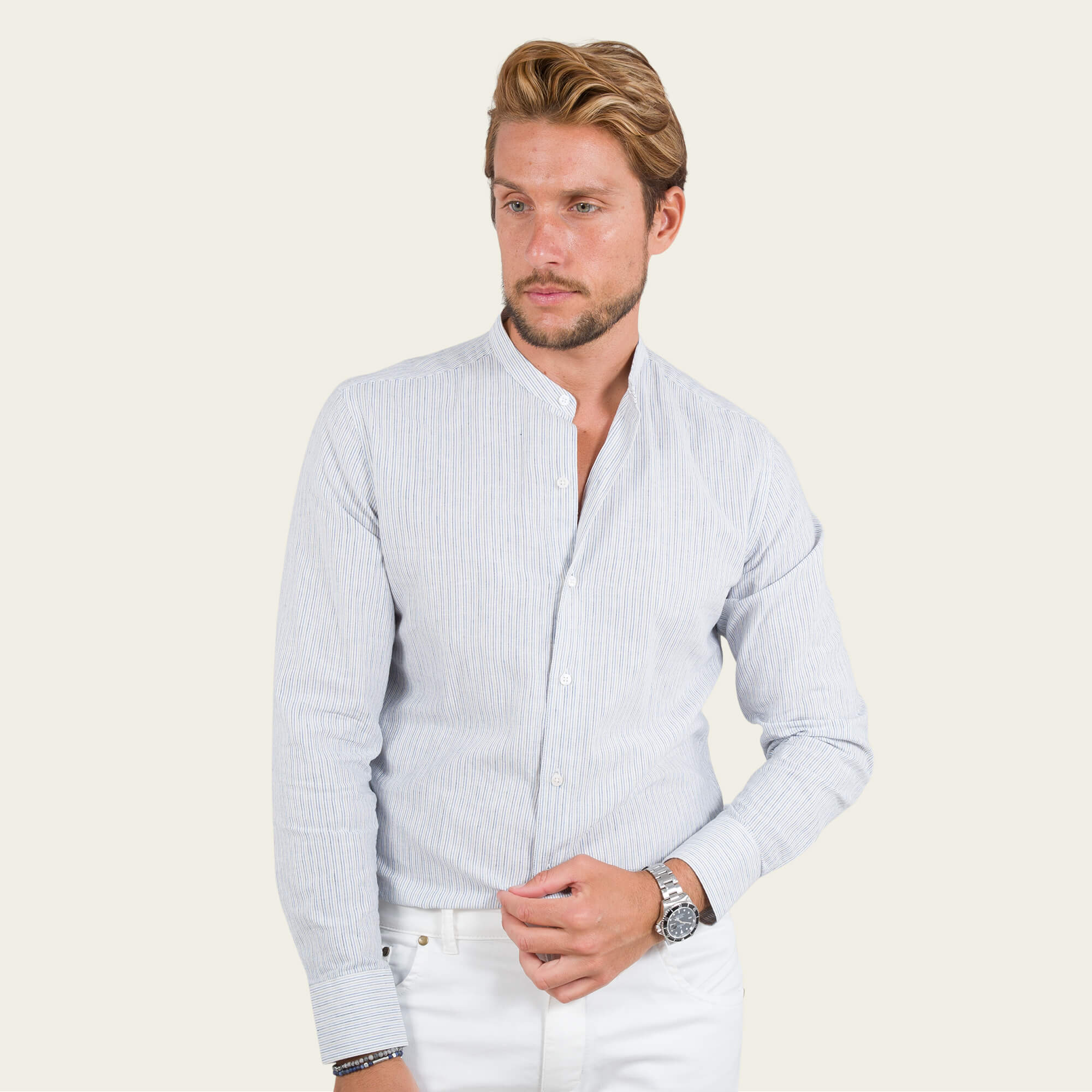 Blue Slim Fit Linen Cotton Vintage Stripe Grandad Collar Shirt