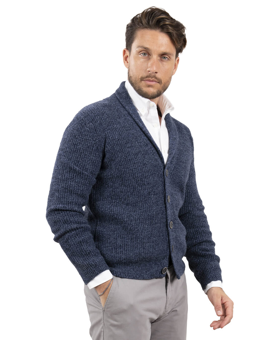 Gagliardi Cardigans Gagliardi Reclaimed Lambswool Blue Fisherman's Rib Cardigan