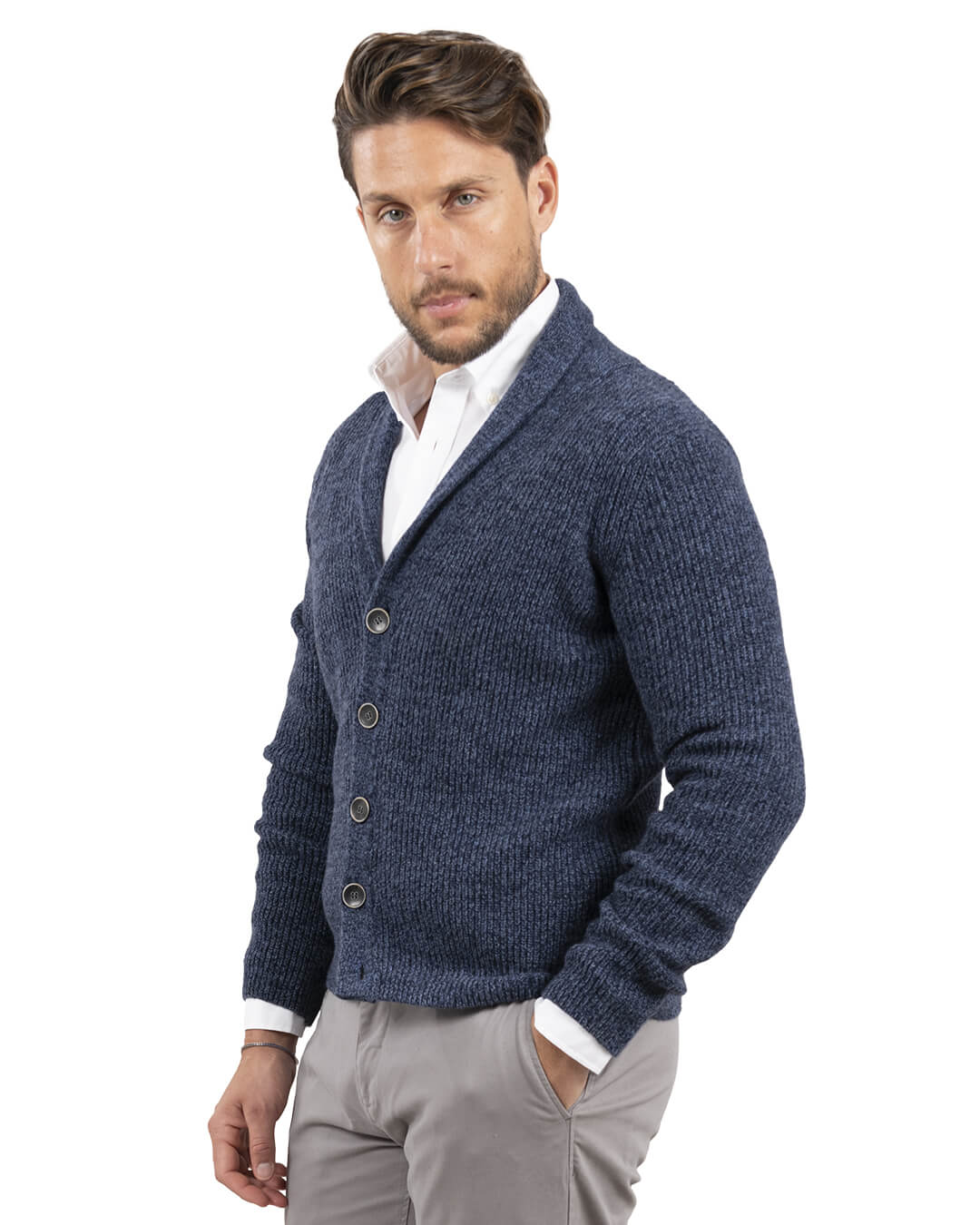 Gagliardi Cardigans Gagliardi Reclaimed Lambswool Blue Fisherman's Rib Cardigan