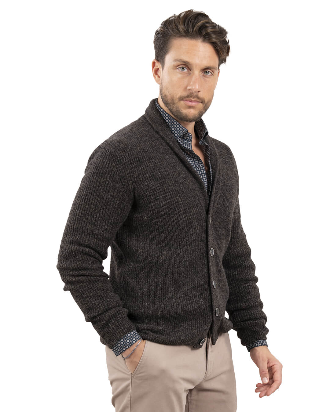 Gagliardi Cardigans Gagliardi Reclaimed Lambswool Brown Fisherman's Rib Cardigan