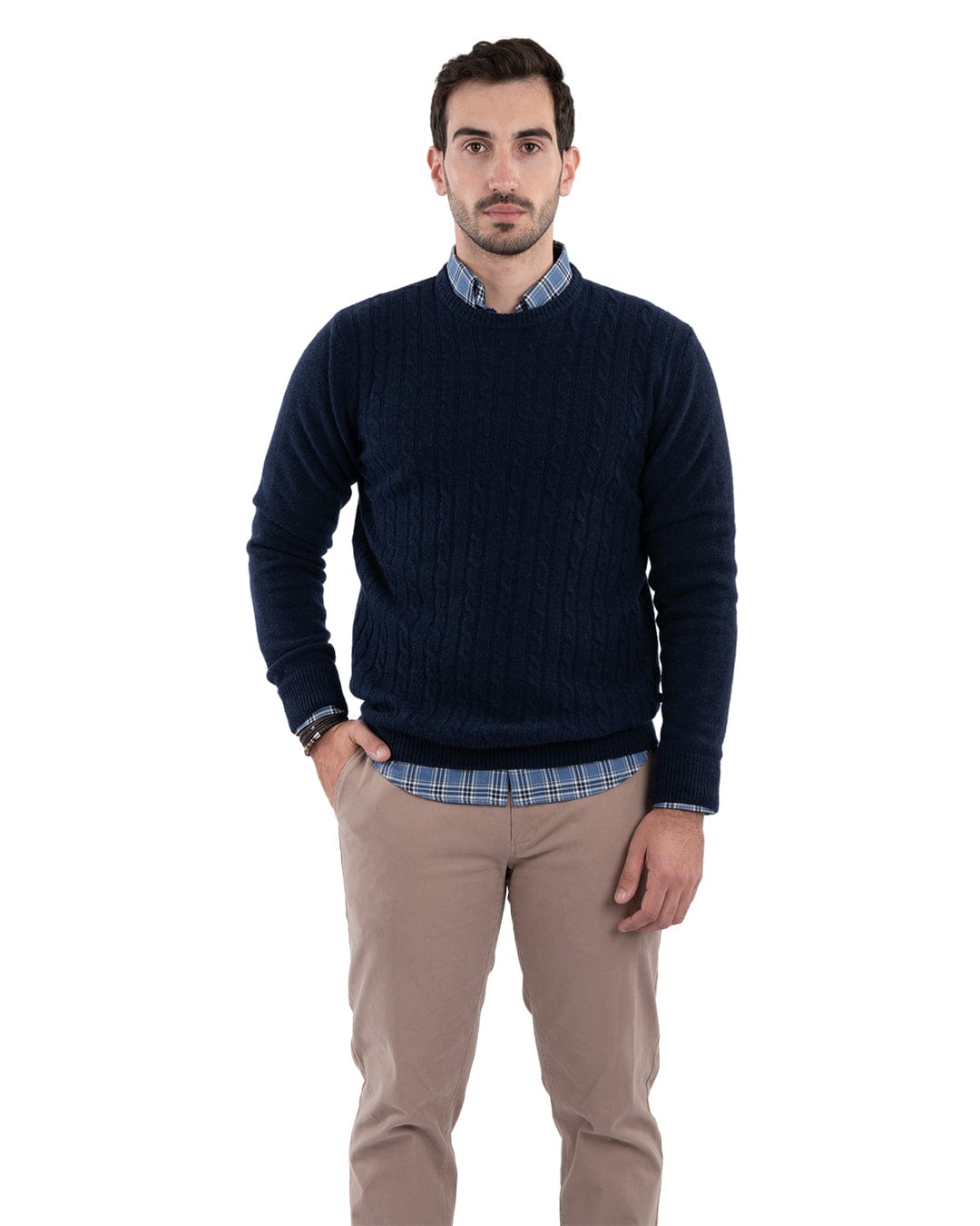 Gagliardi Jumpers Gagliardi Reclaimed Lambswool Blue Cable Front Crew Neck Jumper