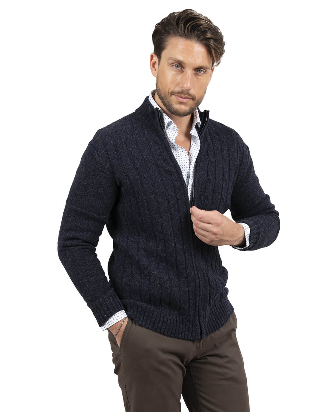 Gagliardi Jumpers Gagliardi Reclaimed Lambswool Navy Cable Front Full Zip Cardigan