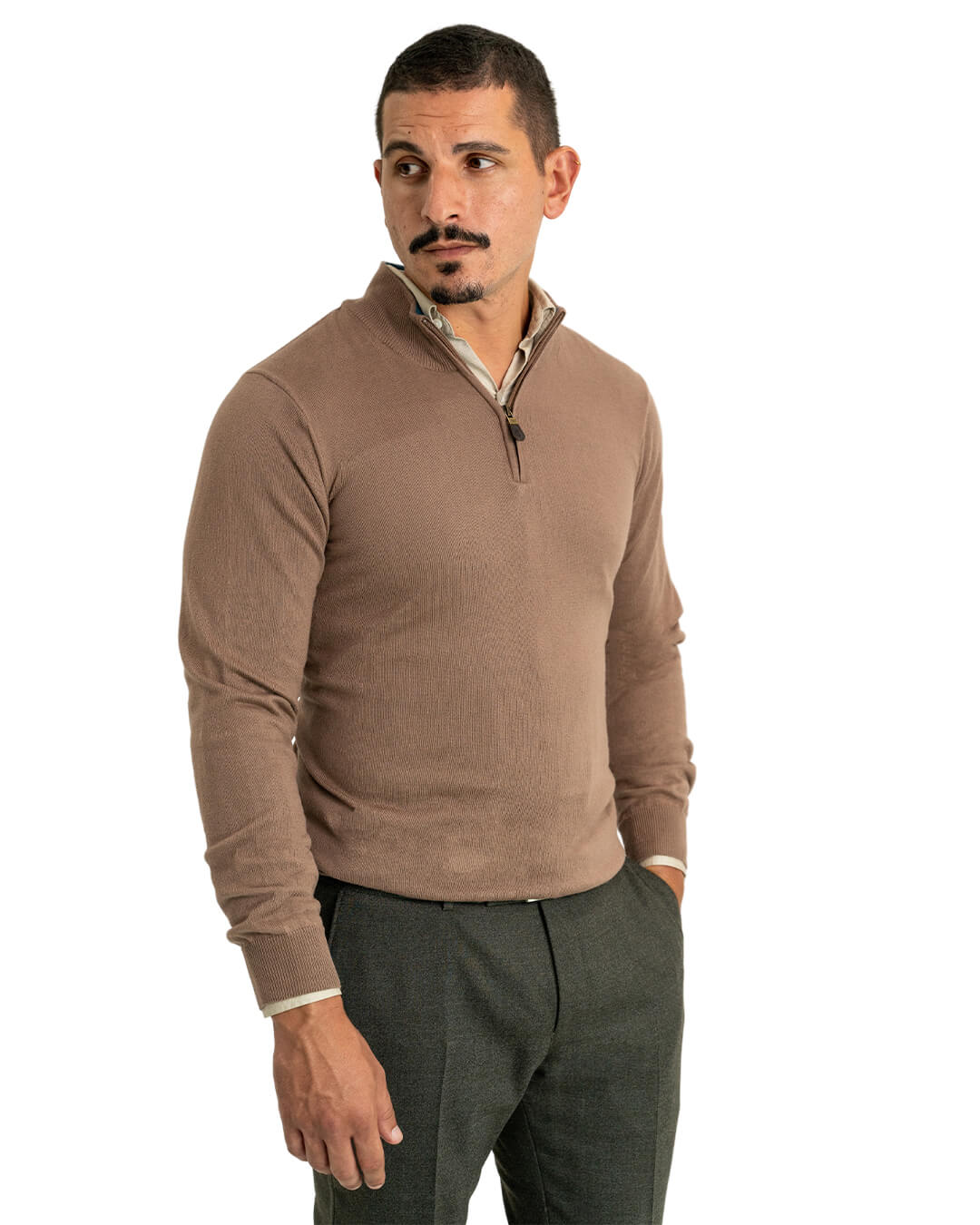 Gagliardi Jumpers Gagliardi Taupe Cotton Cashmere Zip Neck Jumper